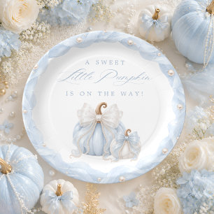 Zoete Kleine Pompoen Strik Blauwe Baby Shower Papieren Bordje