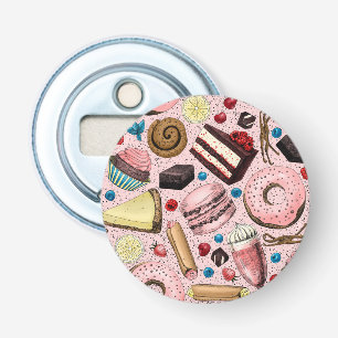Zoete lekkernijen op roze button flesopener