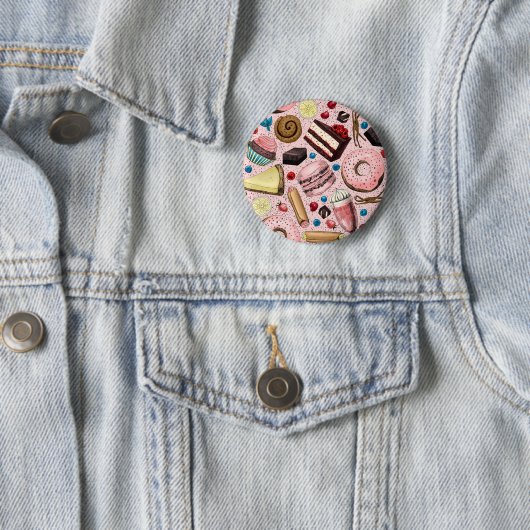 Zoete lekkernijen op roze ronde button 5,7 cm (In situ)