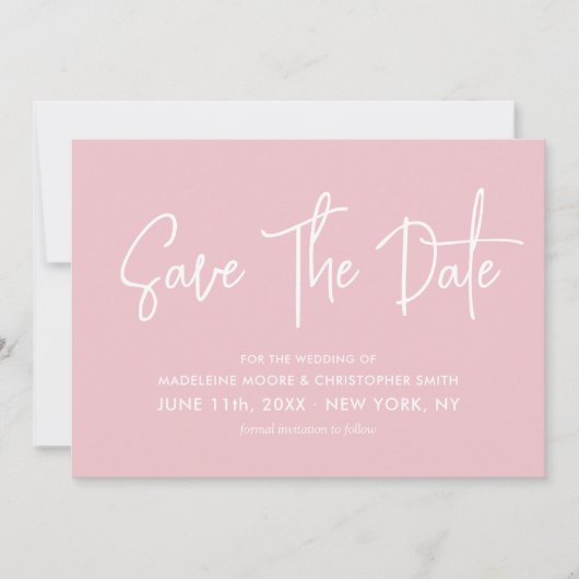 Zoete Licht Roze Kalligrafie Scannable QR-Code Save The Date (Voorkant)