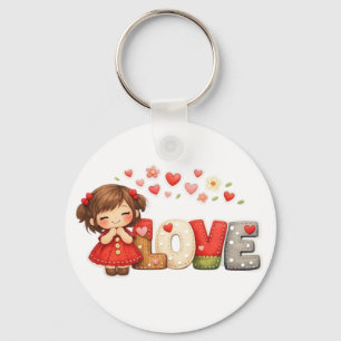 Zoete "LOVE" Hart & Chibi Meisje Worp Kussen Sleutelhanger