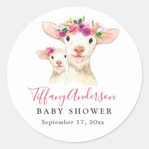 Zoete Moeder En Baby Lammetje Bloemige Baby Shower Ronde Sticker