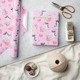 Zoete Nieuwe Baby Meisje en Ooievaar Cadeaupapier