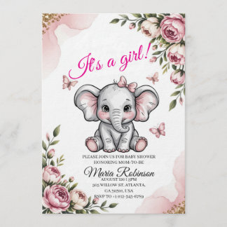 Zoete Olifant & Bloemige Baby Shower Uitnodiging