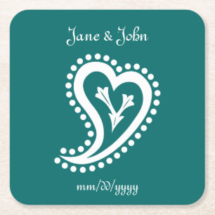 Zoete Paisley Harten in Teal Papieren Onderzetter