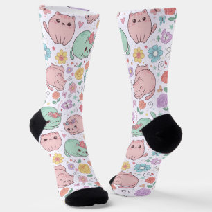 Zoete Pastel Kawaii Kat en Lente Bloem Motief Sokken