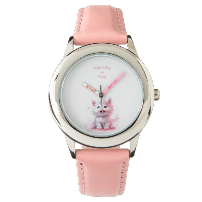 Zoete pastel roze kitten horloge (Voorkant)