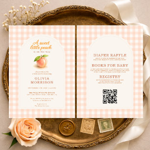 Zoete Perzik Gingham All in One Baby Shower Kaart
