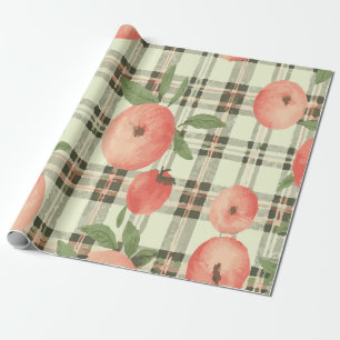 Zoete Perzik Patroon op Rustieke Plaid Achtergrond Cadeaupapier