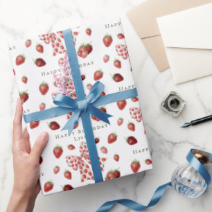 Zoete Rode Aardbei Roze Strik Lieve Verjaardag Cadeaupapier