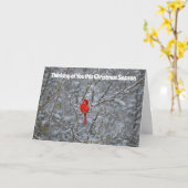 Zoete Rode Kardinaal Sneeuw Bomen Kerstvakantie Kaart (Gele Bloem)