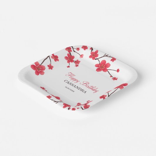 Zoete rode kersenbloesem Sakura Floral Verjaardag Papieren Bordje (Gebogen)