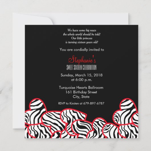 Zoete rode zebra harten Sweet 16 Feest Uitnodiging (Achterkant)