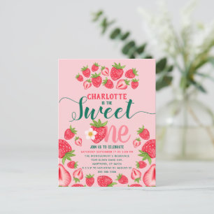 Zoete Roze Aardbei 1e Verjaardagsuitnodiging Briefkaart