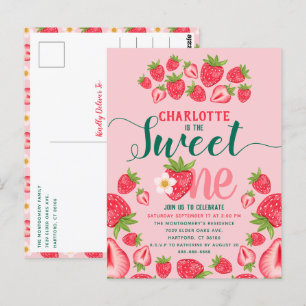 Zoete Roze Aardbei Cute 1e Verjaardagsfeestje  Briefkaart