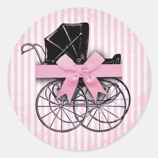 Zoete Roze Baby Carriage Pram and Bow Ronde Sticker (Voorkant)