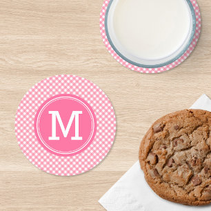 Zoete Roze Baby Gingham Monogram Ronde Kartonnen Onderzetter