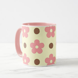 Zoete Roze Bloem en Bruine Stip Retro Mok