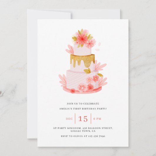 Zoete Roze Bloemige Cake Meisje Verjaardag Kaart (Voorkant)