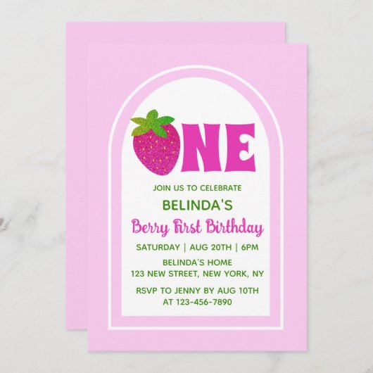 Zoete Roze Glitter Y2K Aardbei 1e Verjaardag Kaart (Voorkant / Achterkant)