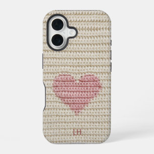 Zoete Roze Hart Haakgaren Custom Initialen iPhone 16 Hoesje