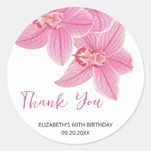 Zoete Roze Orchidee Bloemen Verjaardag Bedankt Ronde Sticker (Voorkant)