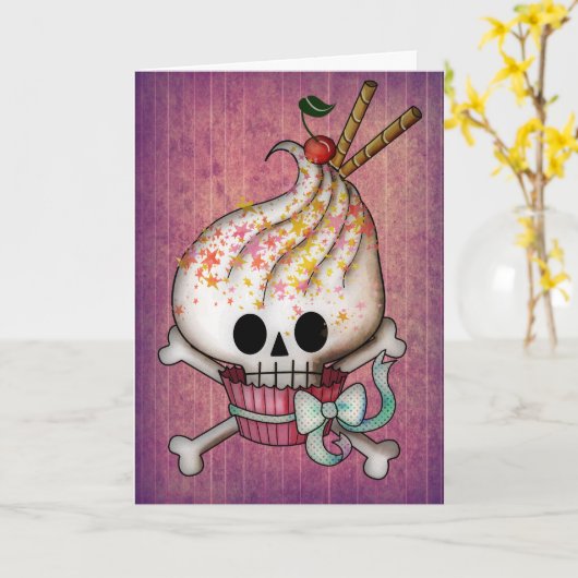 Zoete Schedel Cupcake Kaart (Gele Bloem)