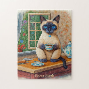 Zoete Siamese Kat en Theekopje Puzzel