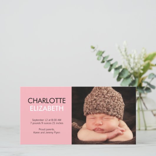 Zoete Simplicity Baby Geboorteaankondiging - Roze Aankondiging (Staand voorkant)