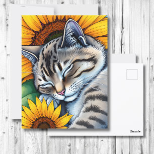 Zoete slapende grijze kat en zonnebloem briefkaart
