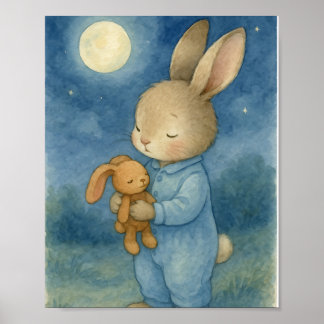 Zoete Slapende Konijn & Teddy Maanlicht Aquarel Poster