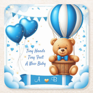 Zoete teddybeer babyshower 🧸 vierkante kartonnen onderzetter