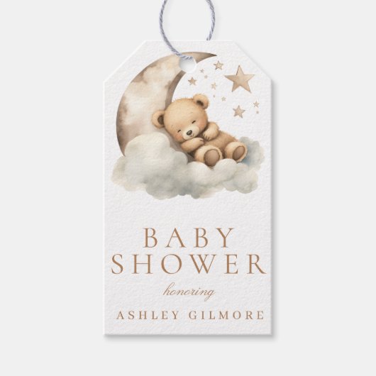 Zoete teddybeer beige neutrale baby shower cadeaulabel (Voorkant)