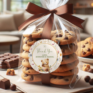 Zoete teddybeer bloemige babyshower bedankt ronde sticker