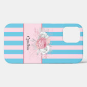 Zoete turkoois en roze strepen en bloemen Case-Mate iPhone case (Achterkant (horizontaal))