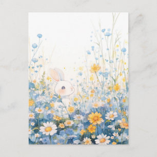 Zoete Witte Konijn in Blauwe Madeliefjesweide Briefkaart