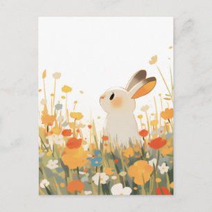 Zoete Witte Konijn in Zonnige Wilde Bloemenweide Briefkaart