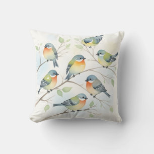 Zoete Zangvogels op Takken Waterverf Bloemstuk Kussen
