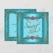 Zoete Zestien 16 Verjaardag Teal Blauw Goud Bloem Kaart (Voorkant / Achterkant)