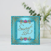 Zoete Zestien 16 Verjaardag Teal Blauw Goud Bloem Kaart (Staand voorkant)