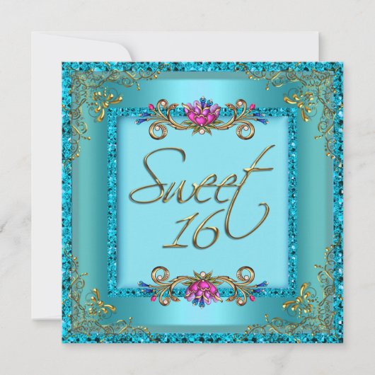 Zoete Zestien 16 Verjaardag Teal Blauw Goud Bloem Kaart (Voorkant)