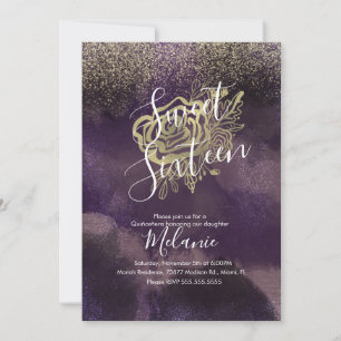 Zoete Zestien Faux Glitter Paars Gouden Roos Kaart