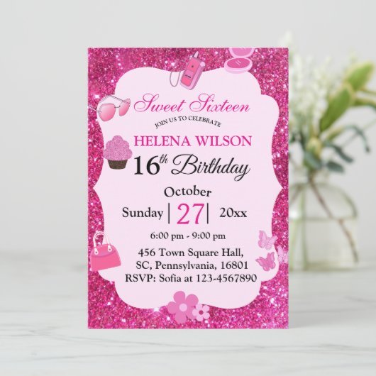 ZOETE ZESTIEN ROZE GLITTER MAKE-UP VERJAARDAG KAART (Staand voorkant)