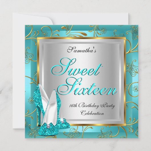 Zoete Zestien Sweet 16 Feest Teal Blauw Goud Zilve Kaart (Voorkant)