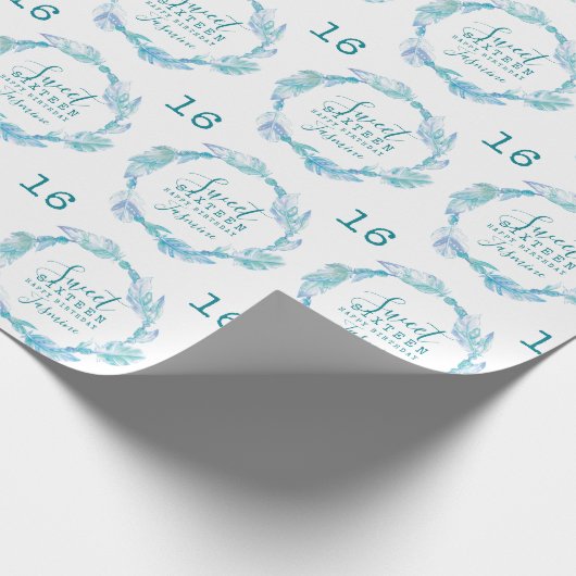 Zoete zestien veren kralen aqua witte waterverf cadeaupapier (Hoek)