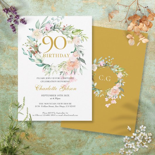 Zoete zomerozenkrans Monogram 90ste verjaardag Kaart