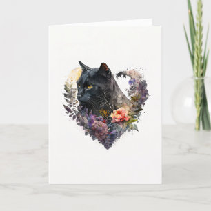 Zoete zwarte kat in paarse bloemen Valentijnsdag Feestdagen Kaart