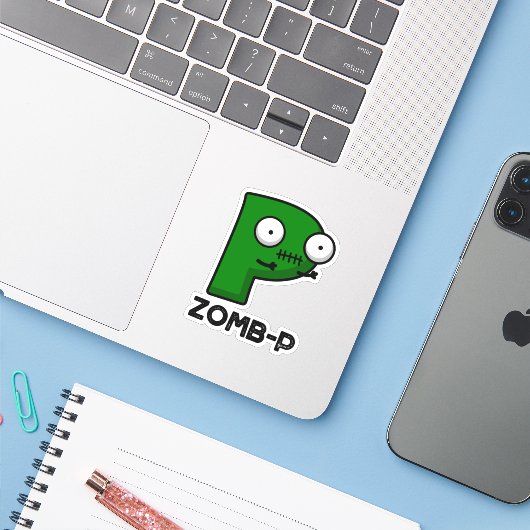 Zomb-P Grappig Halloween Zombie Alfabet Pun Sticker (Laptop met iPhone)