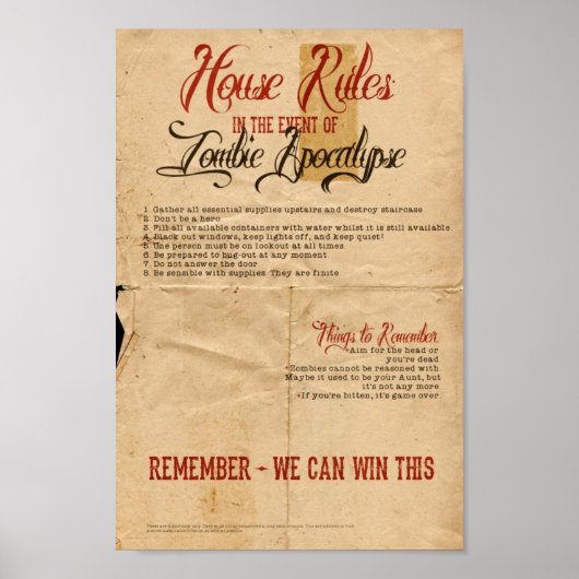 Zombie Apocalypse House Regels  Poster (Voorkant)