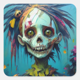 Zombie Doll with Yellow Eyes and Tattered Dress Vierkante Sticker